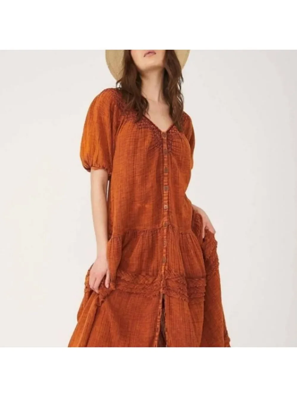 Free People XS Sunday Stroll Smocked Ruffle Boho Oversized Maxi Dress